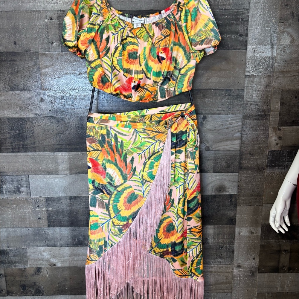 cupcakes & cashmere Tropical Fringe Wrap Skirt Yellow, Green & Pink w/ top Med